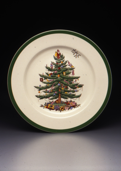 "Regimental Oak" shape dinner plate with "Christmas Tree" pattern, Designer: Harold Holdway, 1938, Dallas Museum of Art, gift of Stephen Harrison in honor of George Roland